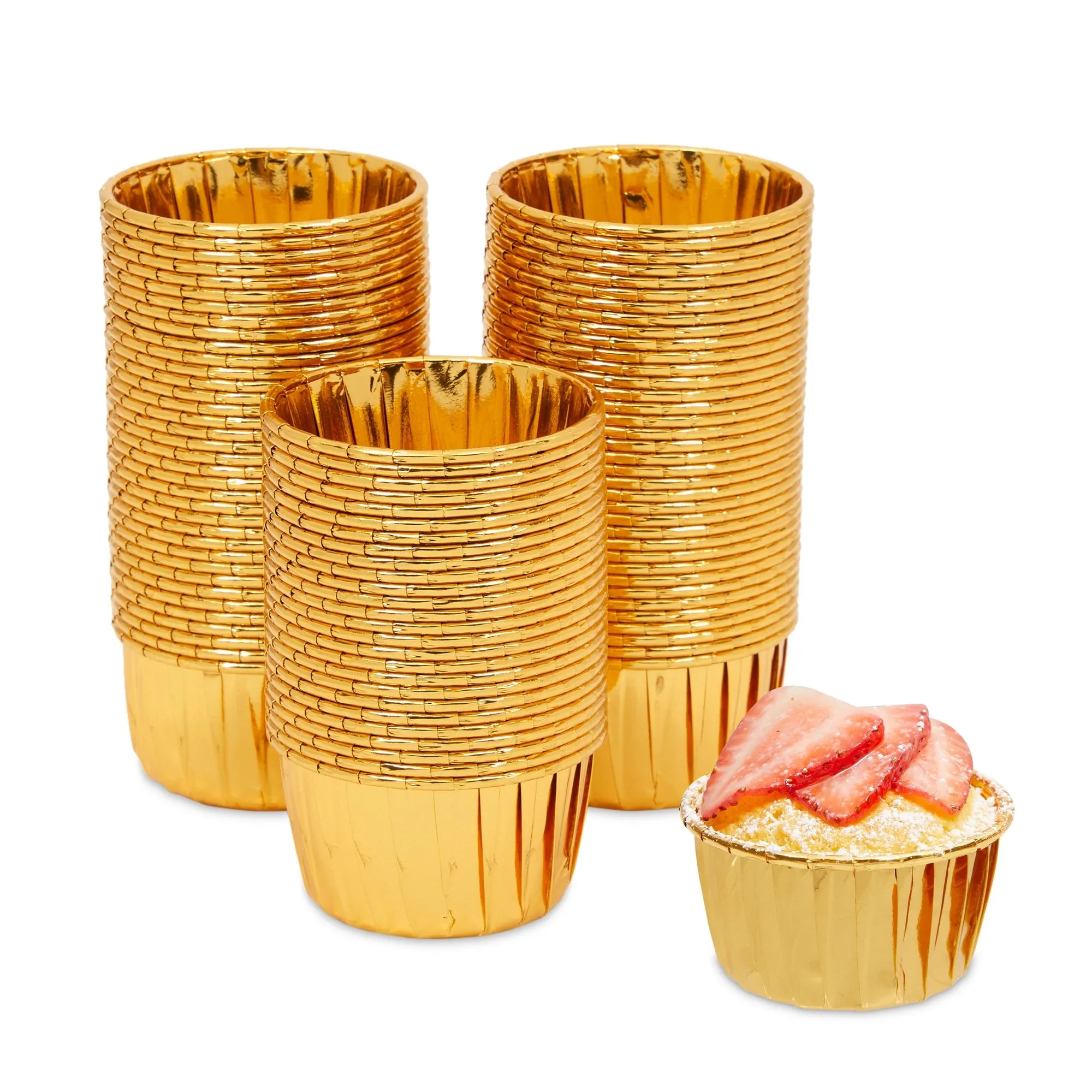 100-Pack Gold Aluminum Foil Cupcake Liners, 2.75x1.5-Inch Gold Colored Baking Cups for Muffins and Baked Desserts, Small Goodie Containers for Loose Nuts and Candies