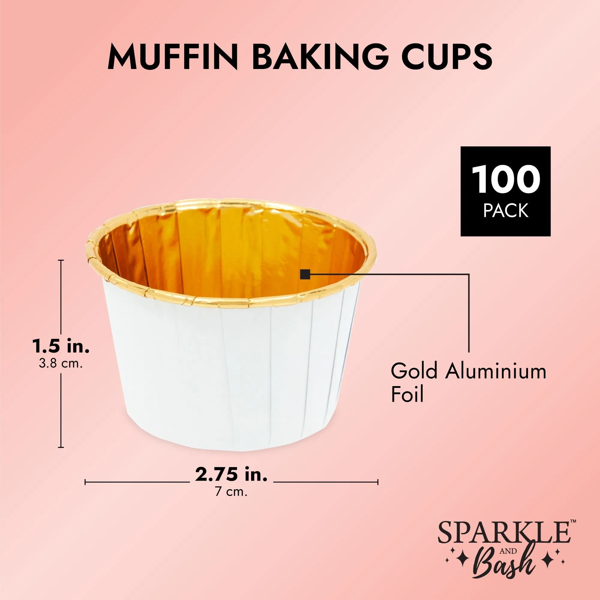 100-Pack Gold Aluminum Foil Cupcake Liners, 2.75x1.5-Inch White Colored Baking Cups for Muffins and Baked Desserts, Small Goodie Containers for Loose Nuts and Candies