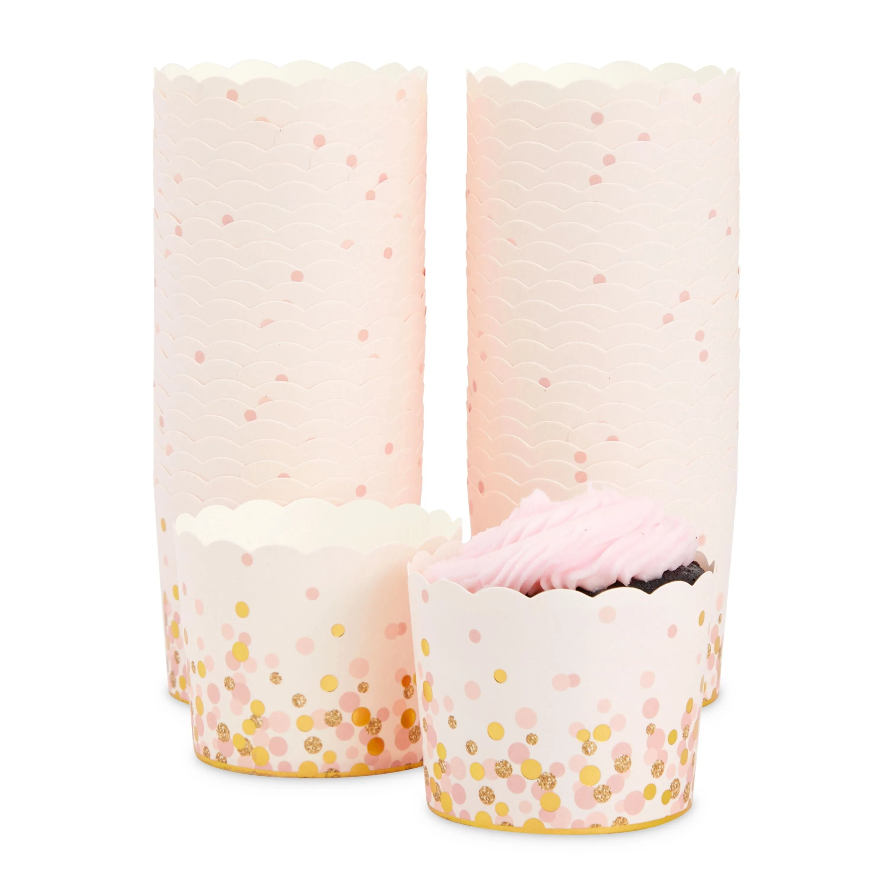 50 Pack Pink and Gold Polka Dot Cupcake Liners Wrappers, Muffin Paper Baking Cup for Wedding & Birthday