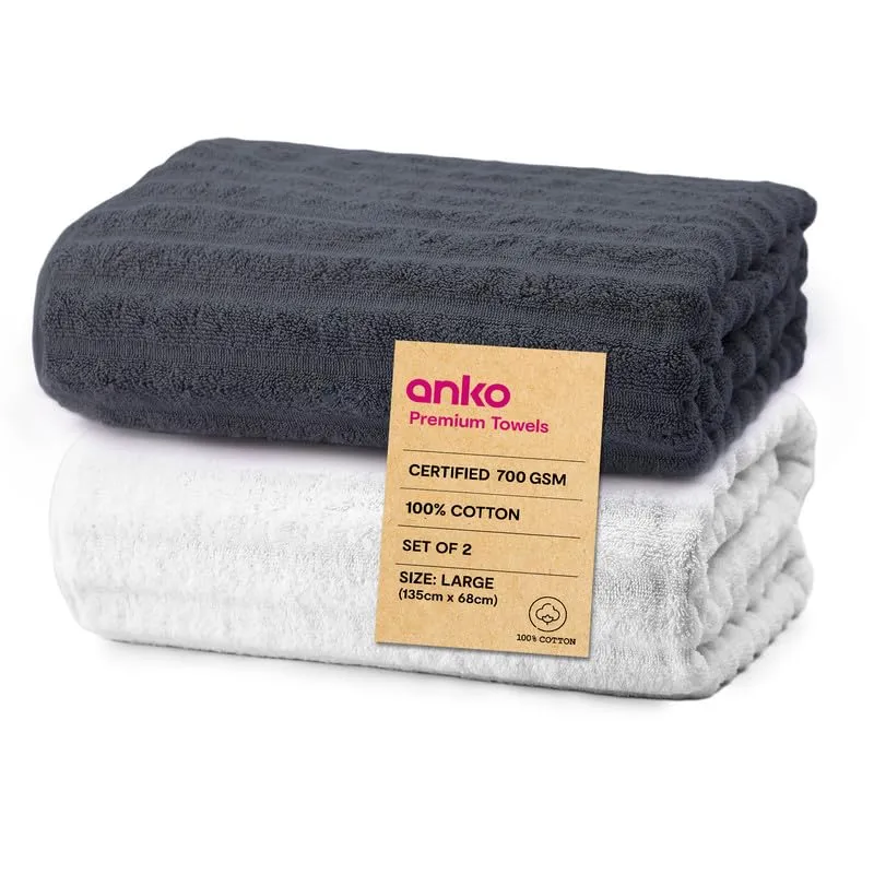 Anko Australia 100% Cotton 700 GSM Large Ribbed Bath Towel | Set of 2 | Super-Soft, Absorbent, Quick-Drying | White & Dark Grey Towel for Men, Women & Kids | 135x68 cm |Travel, Gym, Spa Towel