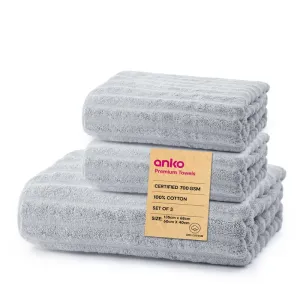 Anko Australia 100% Cotton 700 GSM Ribbed Towel Set | 1 Bath Towel, 2 Hand Towels | Super-Soft, Absorbent, Quick-Drying | Grey Cotton Towels for Bath, Travel & Gym | 135x68cm & 60x40cm