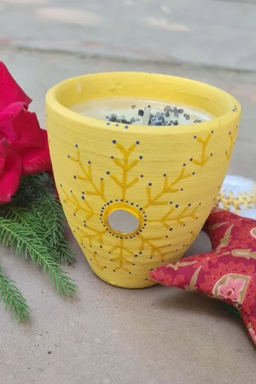 Antarang - Terracotta- Handpainted-Yellow-Scented Candle