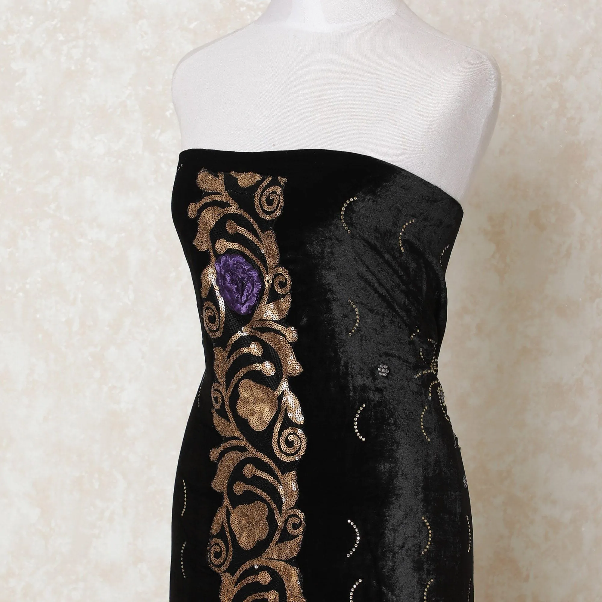 Black silk blended velvet fabric with gold sequins, purple embroidery having stone work in fancy design-D11883