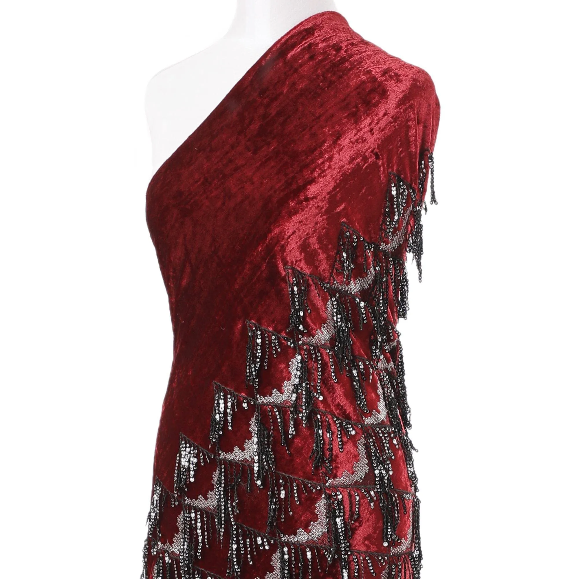 Carmine Red silk blended velvet fabric with black embroidery having black and silver sequins in fancy design-D6088