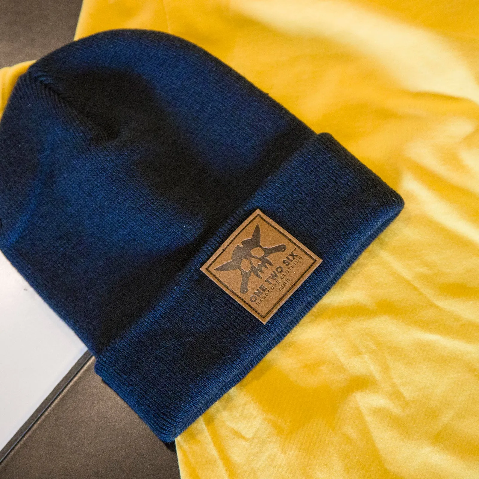 Eco Leather Patch Beanie  (Dark Blue)