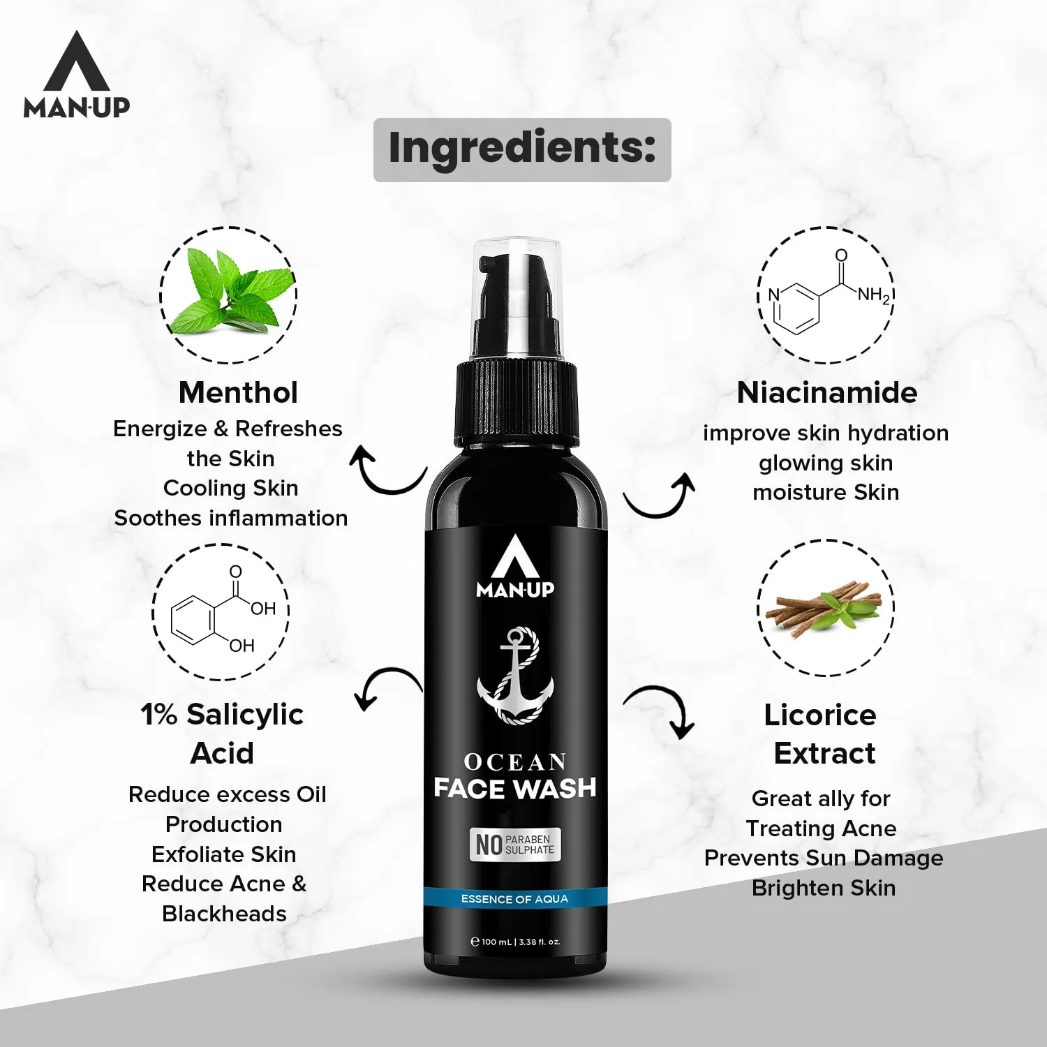 Man-Up Ocean Face Wash Essence of Aqua | For Acne, Black Heads, Pimple, Oily & Sensitive Skin | All Day Refreshing & Long-Lasting Freshness with Menthol for Men – 100ml (Pack of 10)