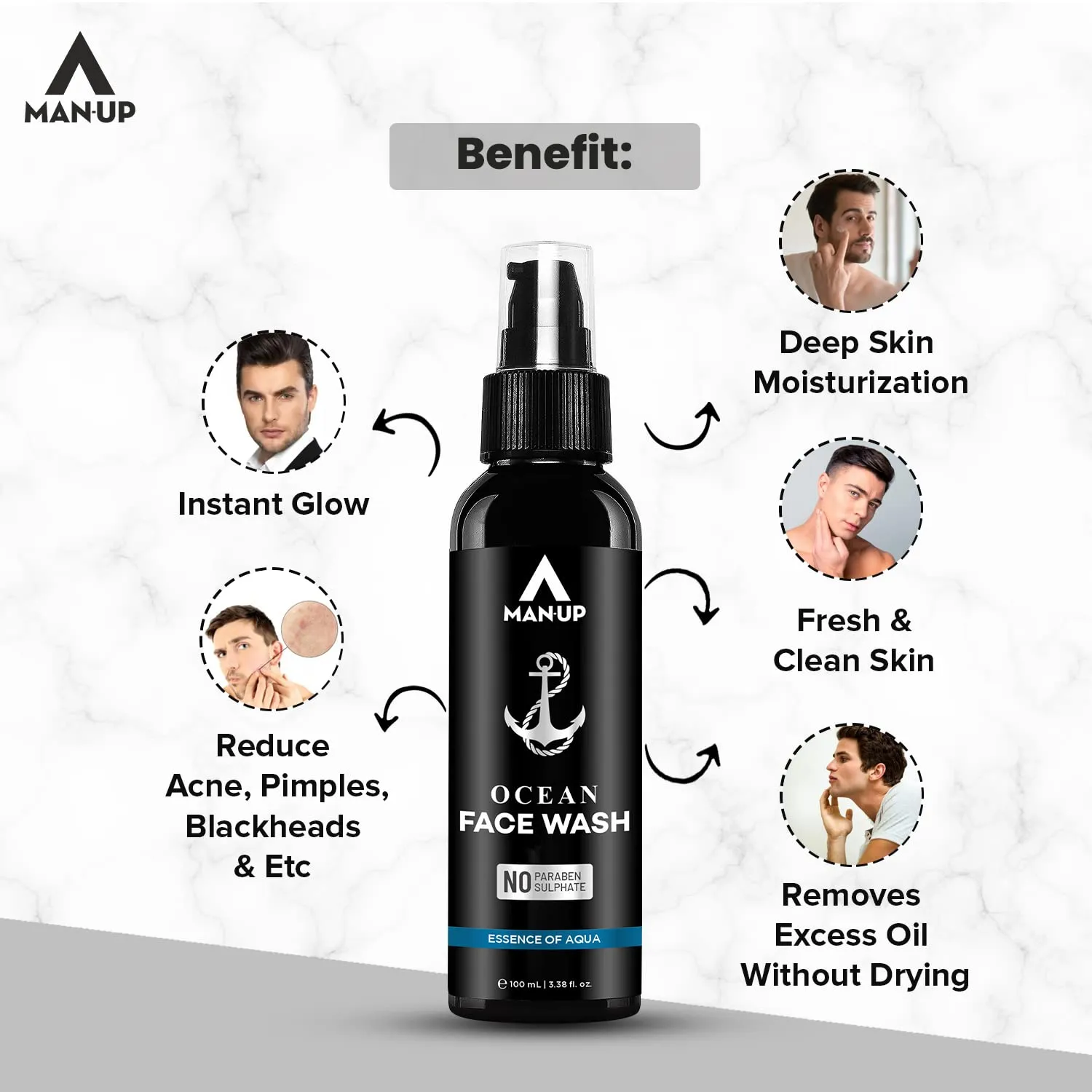 Man-Up Ocean Face Wash Essence of Aqua | For Acne, Black Heads, Pimple, Oily & Sensitive Skin | All Day Refreshing & Long-Lasting Freshness with Menthol for Men – 100ml (Pack of 10)