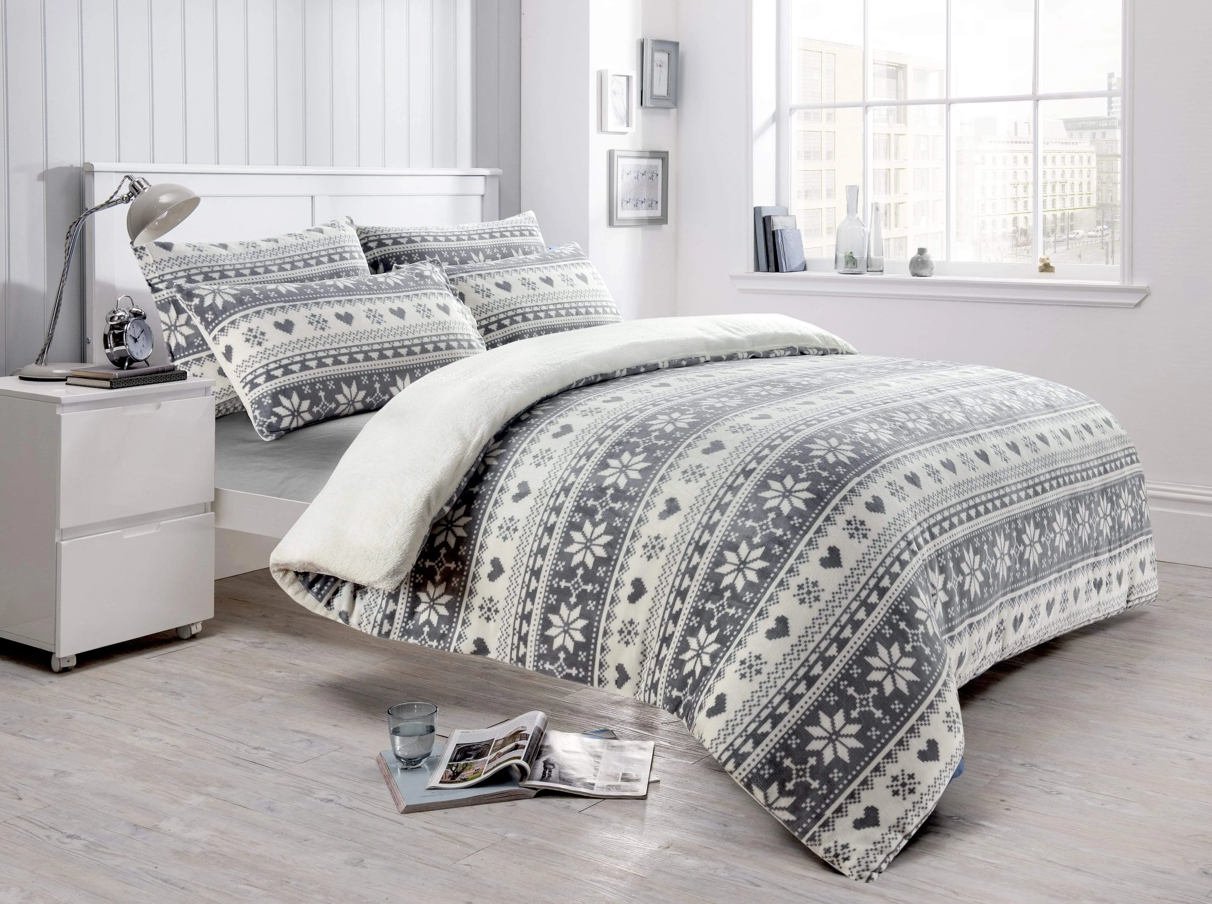 Nordic Fair Isle Reversible Teddy Fleece Duvet Set Plush Faux Fur Bedding with Pillowcases Warm Winter Decor by OLIVIA ROCCO