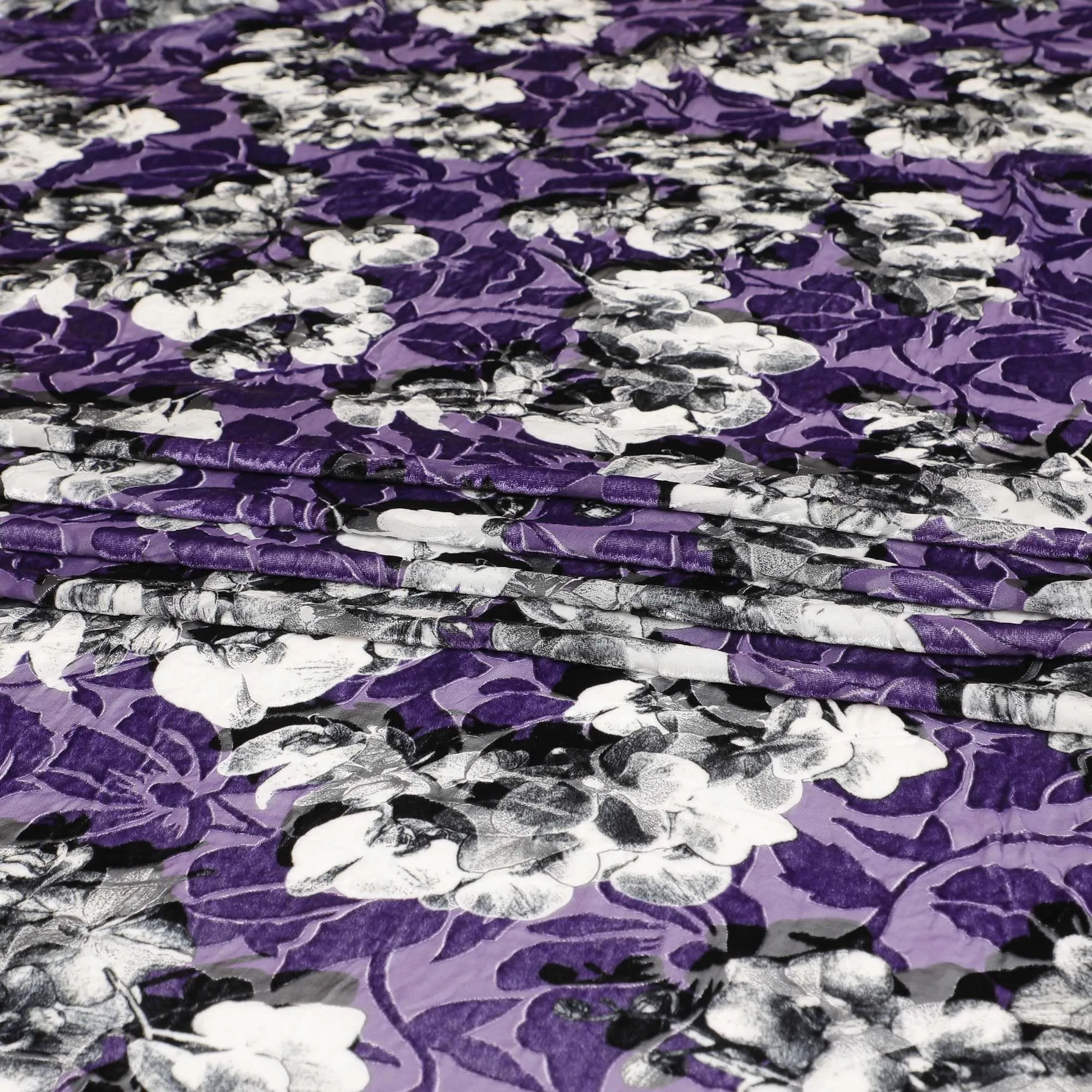 Purple Premium Italian silk chiffon dirac (makmal) fabric with black and white print having same tone velvet jacquard in floral design-D8686