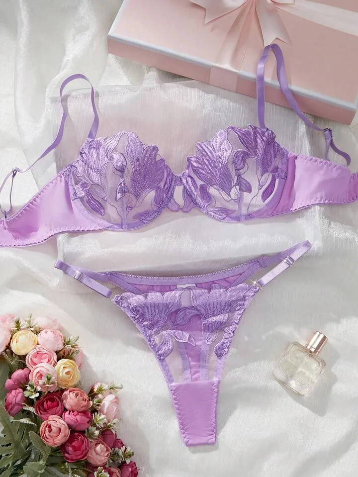 Purple Silk Lingerie Set Embroidered