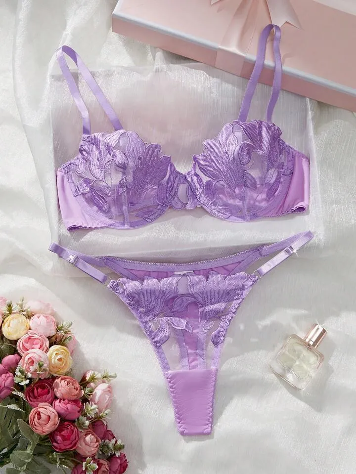 Purple Silk Lingerie Set Embroidered