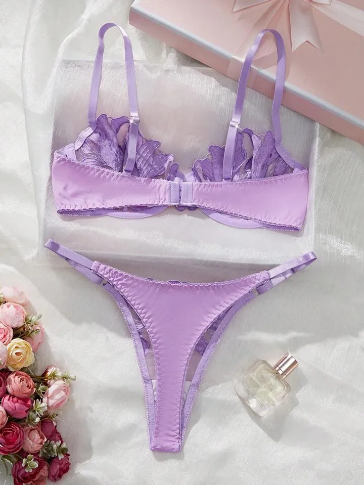 Purple Silk Lingerie Set Embroidered