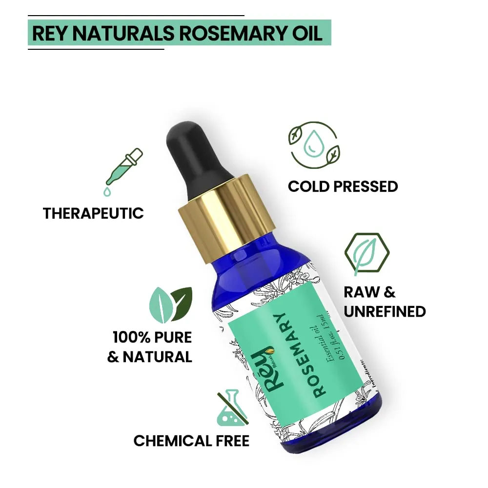 Rey Naturals Rosemary Essential Oil for Hair Growth - 100% Pure & Natural Rosemary Oil For Hair, Skin and Body - 15ml (15 ml Pack of 2