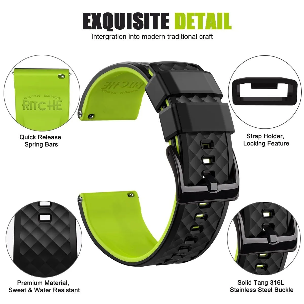 Ritche Black/Fluorescent Green Classic Silicone Quick Release Watch Bands