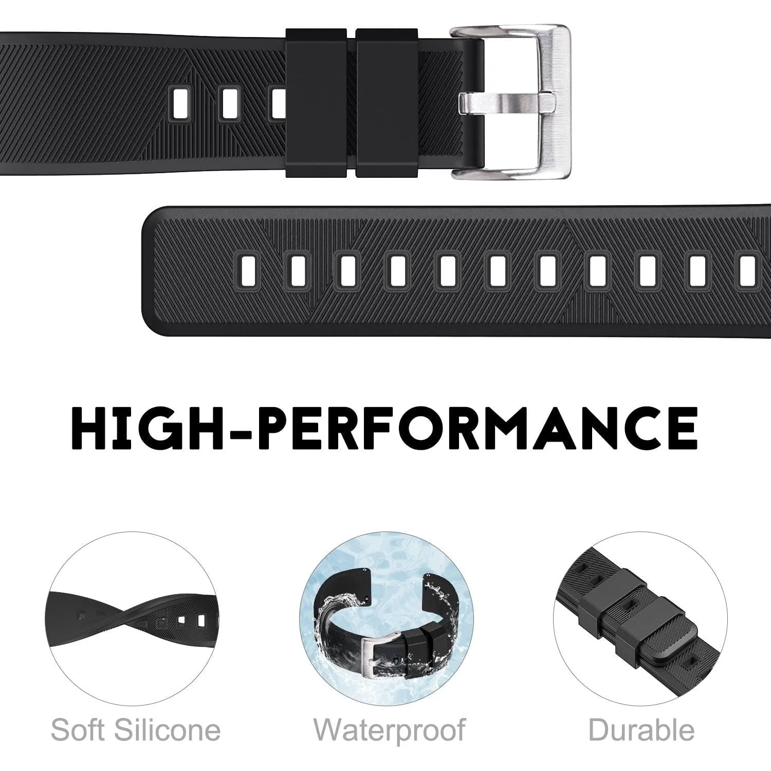 Ritche Sports Silicone Quick Release Watch Bands-Black/Silver Buckle