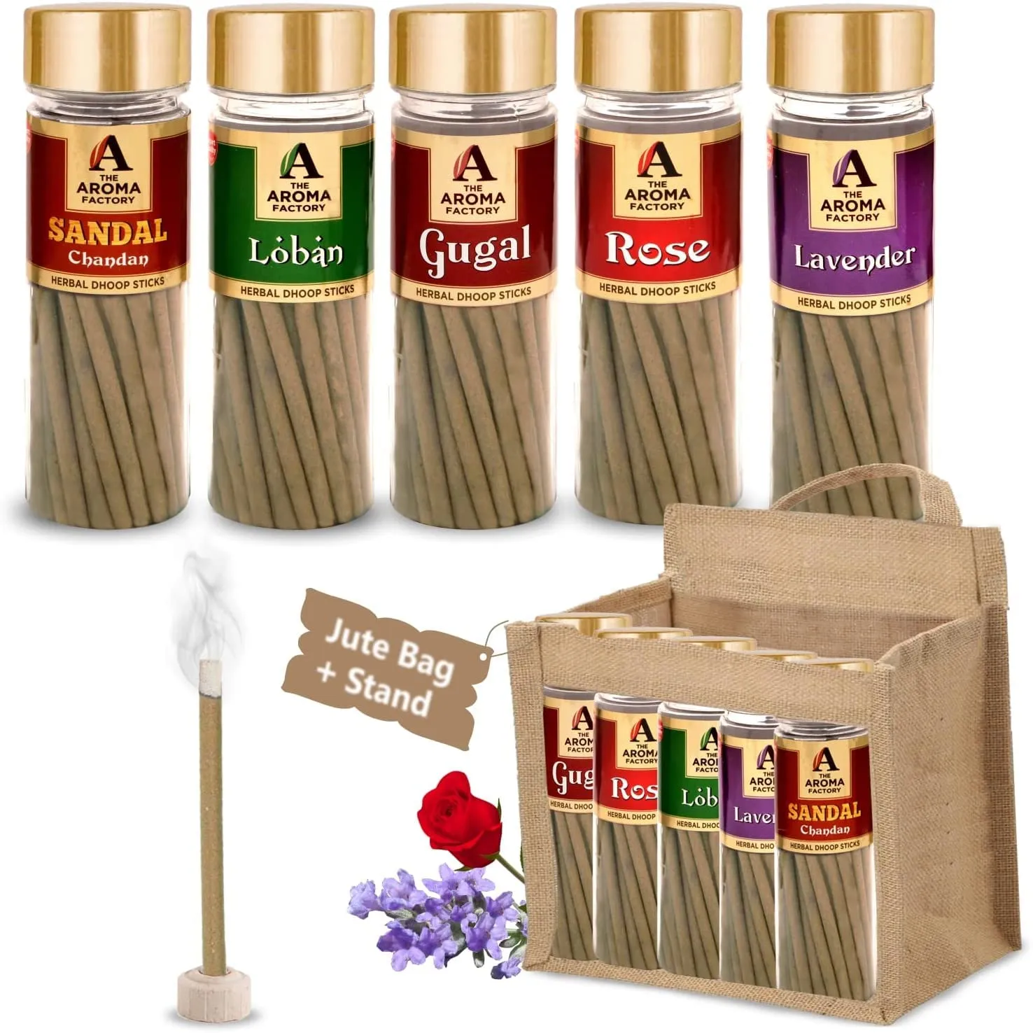 The Aroma Factory Rose,Sandal,Gugal,Loban & Lavender Dhoop Sticks for Pooja,100% Herbal Fragrance (Bottle Pack of 5 x100g) Jute Gift Set with Wooden Holder