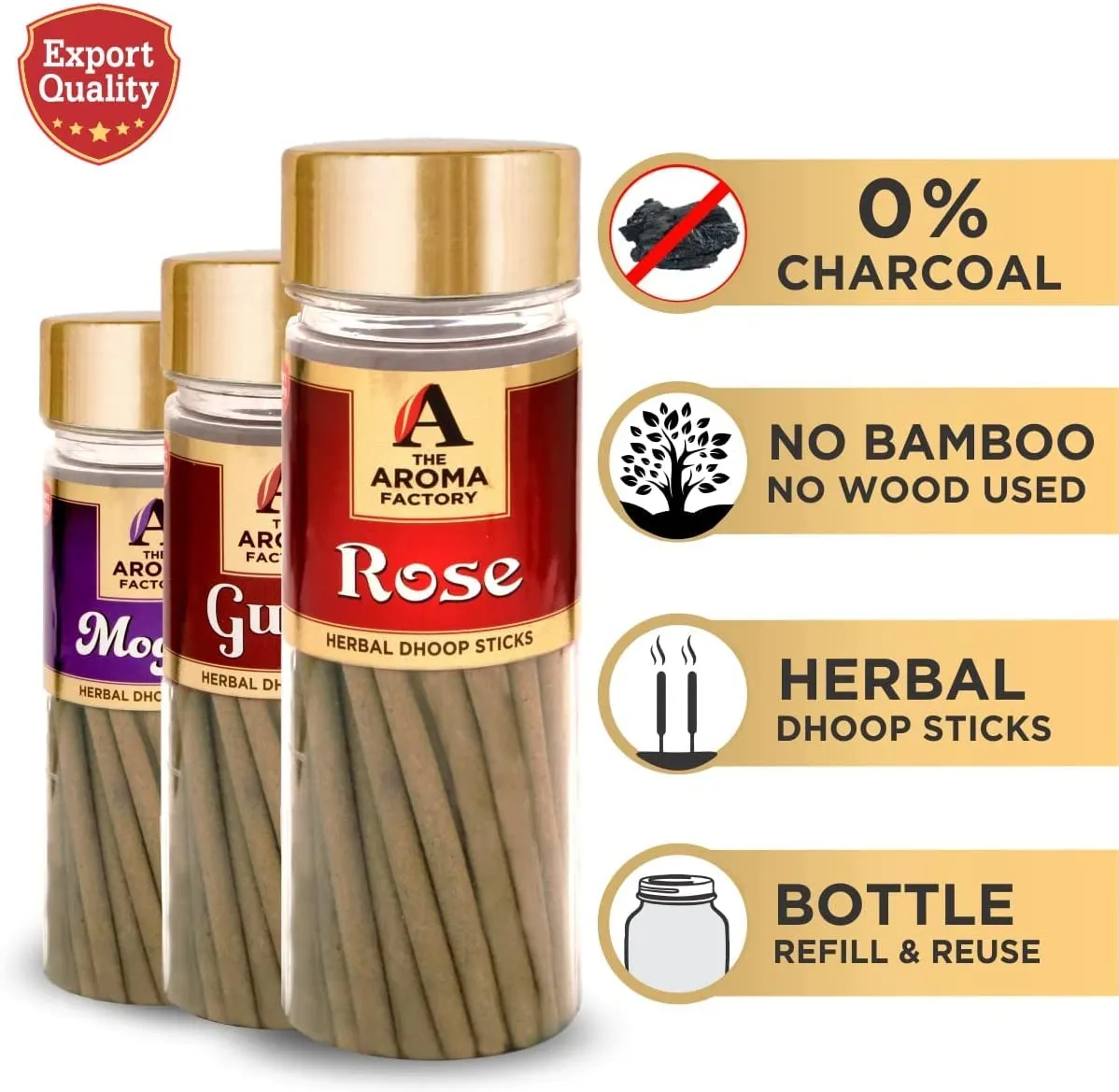 The Aroma Factory Rose,Sandal,Gugal,Loban & Lavender Dhoop Sticks for Pooja,100% Herbal Fragrance (Bottle Pack of 5 x100g) Jute Gift Set with Wooden Holder