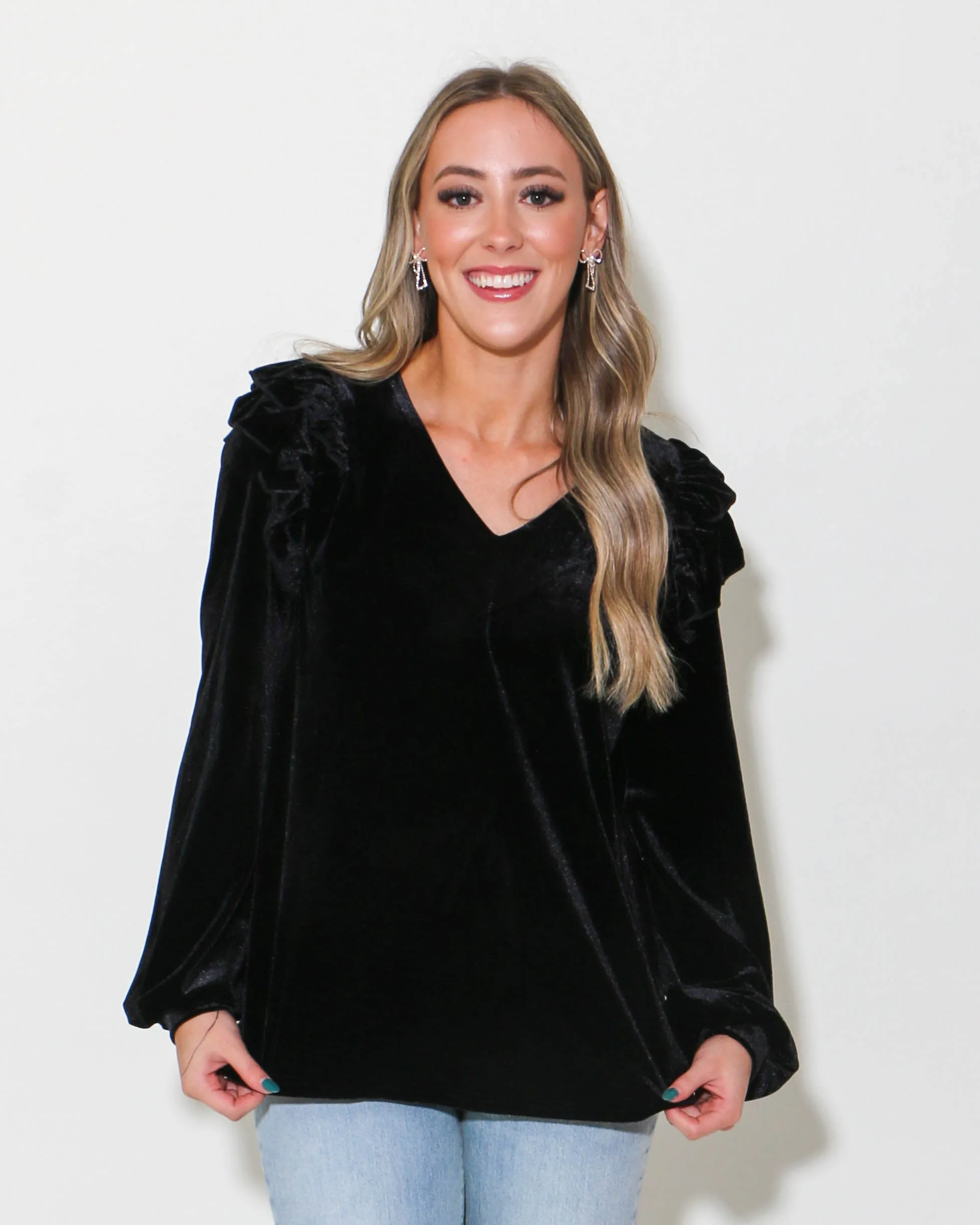 Velvet Long Sleeve Ruffle Top