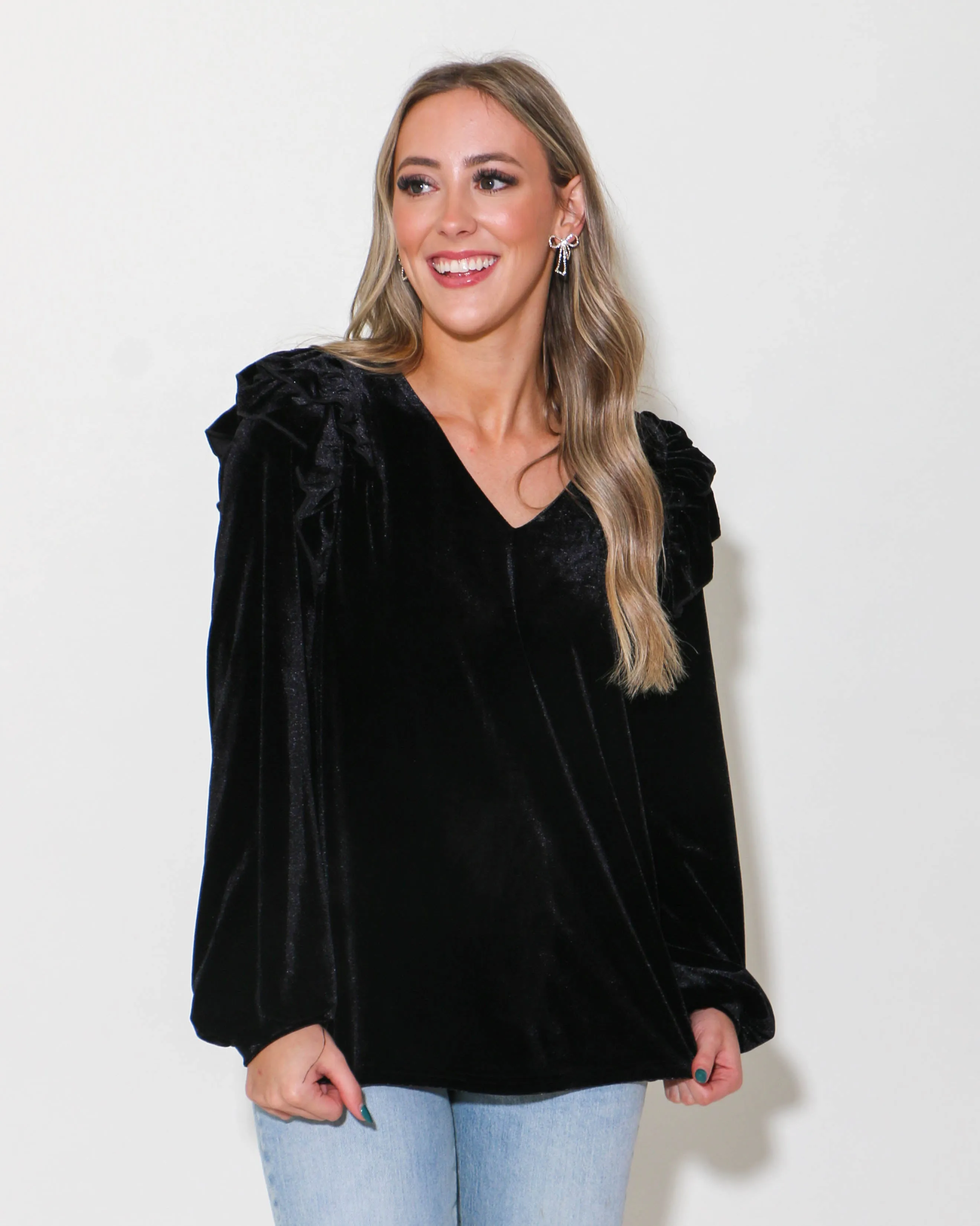 Velvet Long Sleeve Ruffle Top